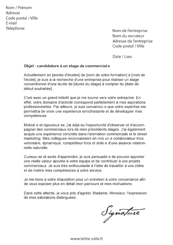 Lettre de motivation Stage Commercial - Modèle de Lettre