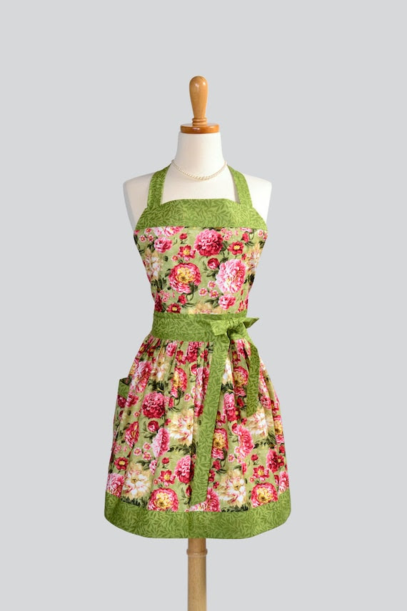 Womens Bib Full Apron - Handmade English Garden Pink and Green Floral Cute Kitchen Apron