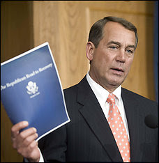 House Minority Leader John A. Boehner (R-Ohio) unveils the House Republicans' 18-page outline for a budget solution.
