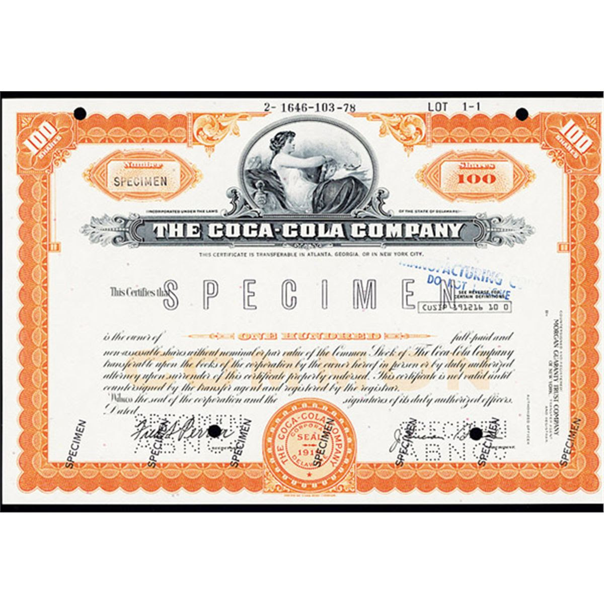 Coca-Cola Company Specimen Stock Certificate, Rare Color ...