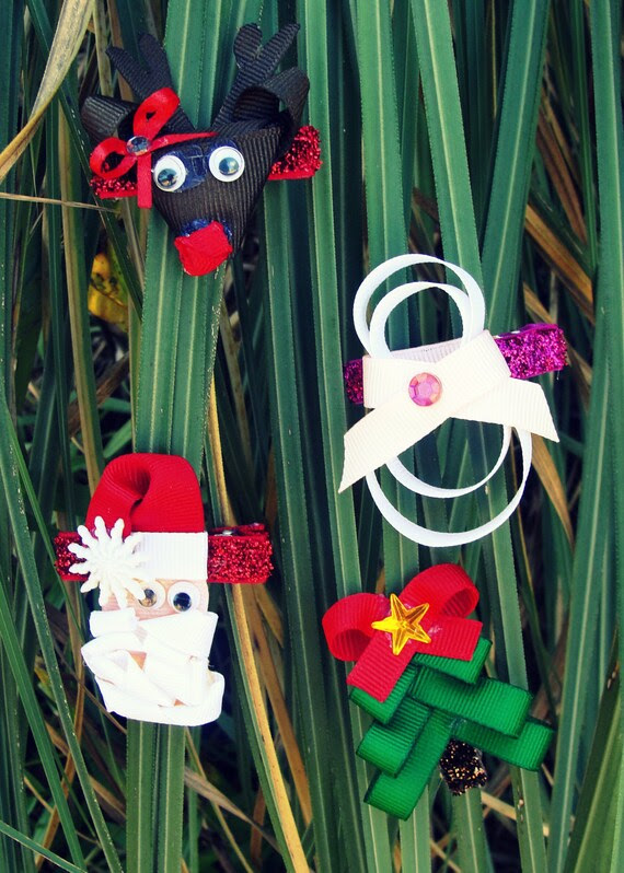 Set of 4 Christmas Sculpted  Hair Clip Set-Reindeer, Snowman, Santa Clause and Christmas Tree