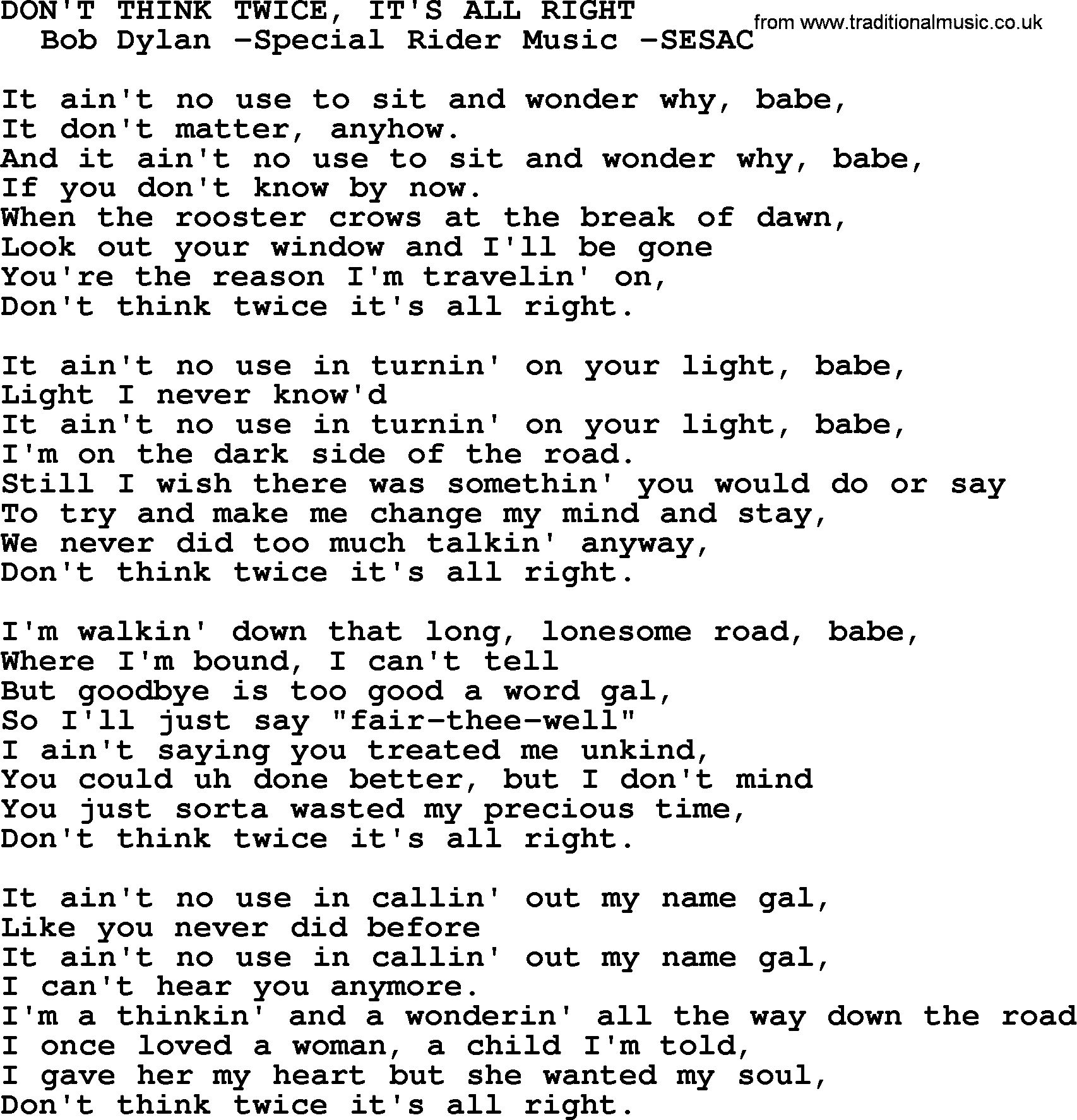 Peter Paul And Mary Song Dont Think Twice Its All Right Lyrics