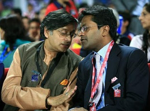 Shashi Tharoor, a minister in the Indian government, chats with  Lalit Modi, Delhi Daredevils v Kolkata Knight Riders, IPL, Feroz Shah  Kotla, March 29, 2010