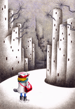 メルヘン ファンタジーイラスト 雪国 雪道 雪山 雪景色 松 山水 墨絵 水墨画