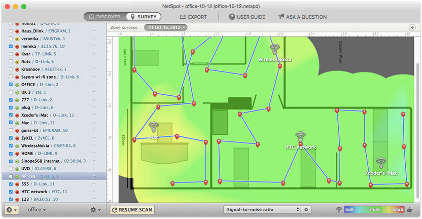 Analyze the resulting Signal-to-Noise Ratio heatmap that is displayed. Look for areas of dark blue and purple. These are spots where coverage may be inadequate.