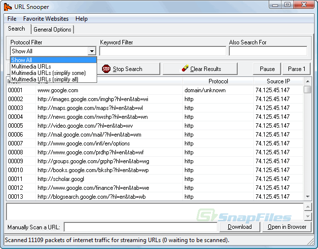 screen capture of URL Snooper