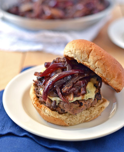 Black Bean Beef Burgers with Blue Cheese and Onion Marmalade
