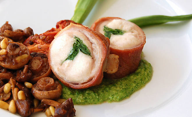Ramp Stuffed Rabbit Loin with Mushroom Ragout Recipe | D'Artagnan