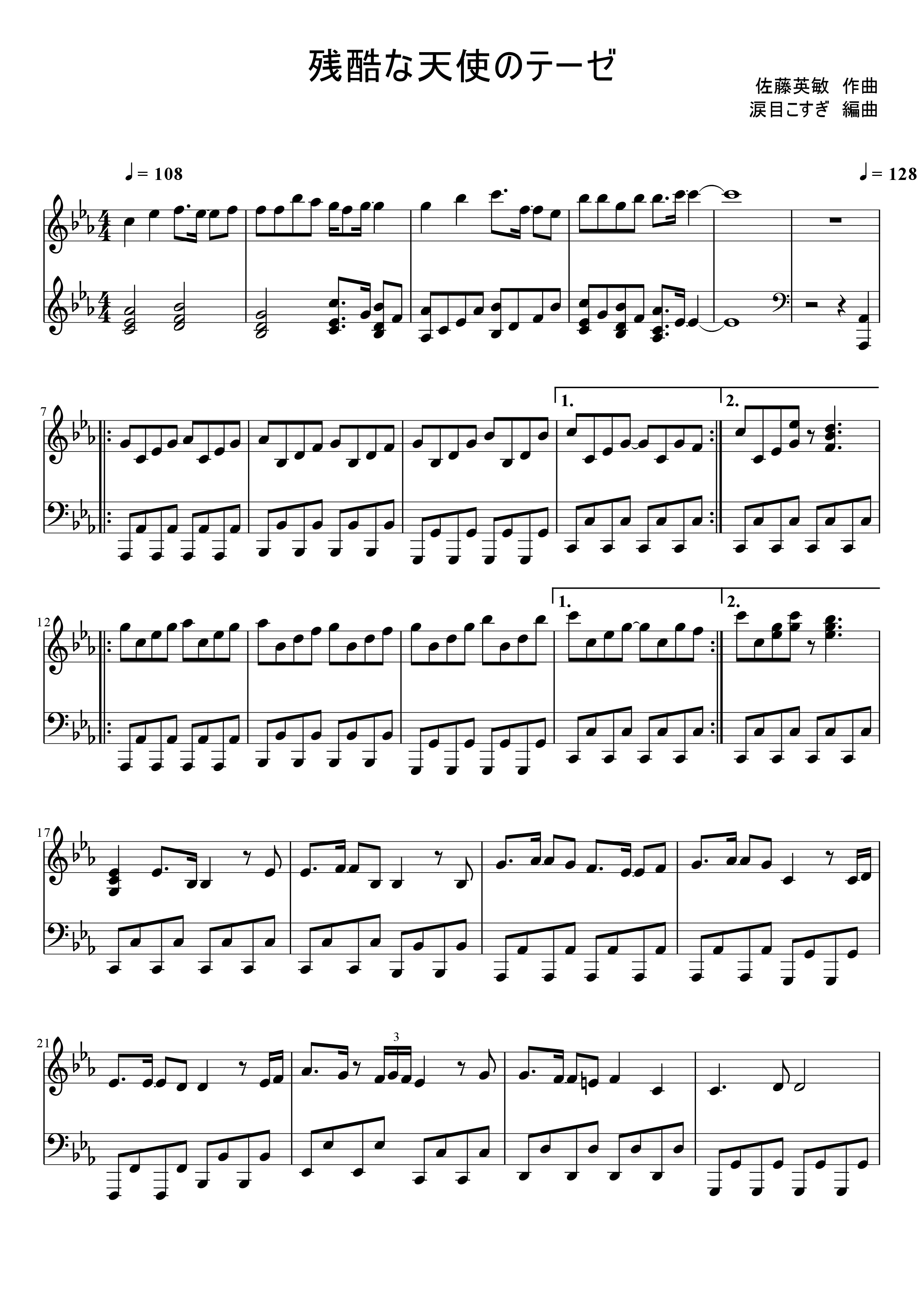 涙目こすぎのピアノ楽譜 残酷な天使のテーゼ アレンジ 楽譜