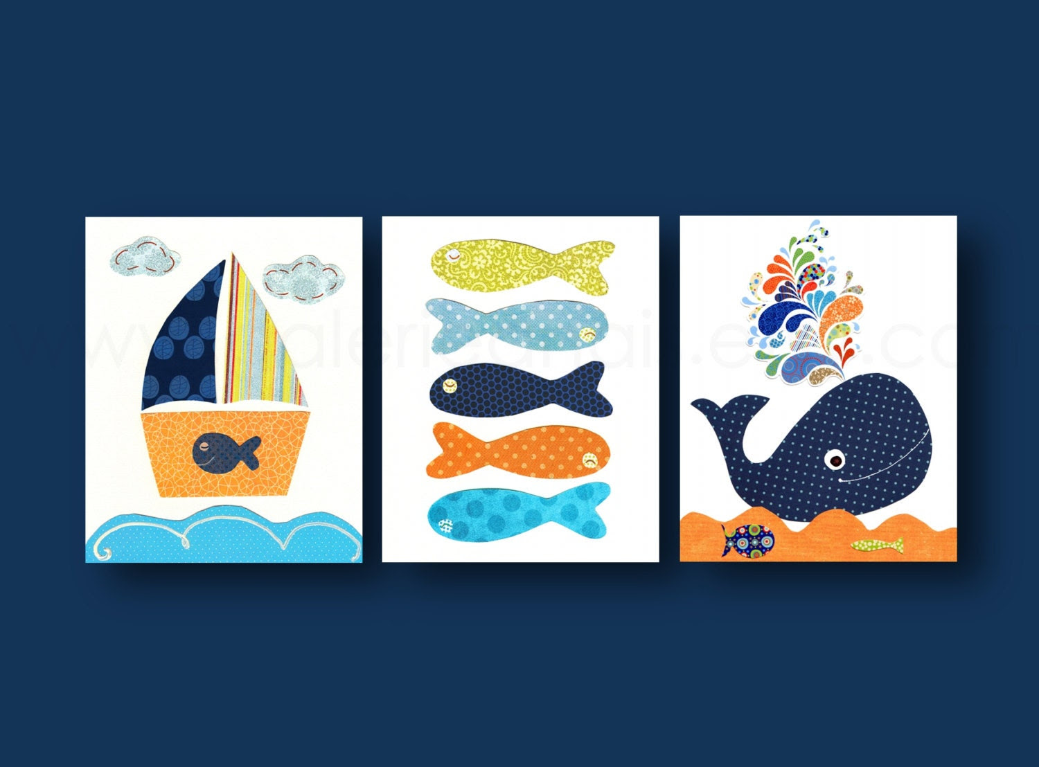 Nautical whale Boat fish orange navy ocean sea - children wall art - art for kids room - bathroom decor boys - Set of three prints