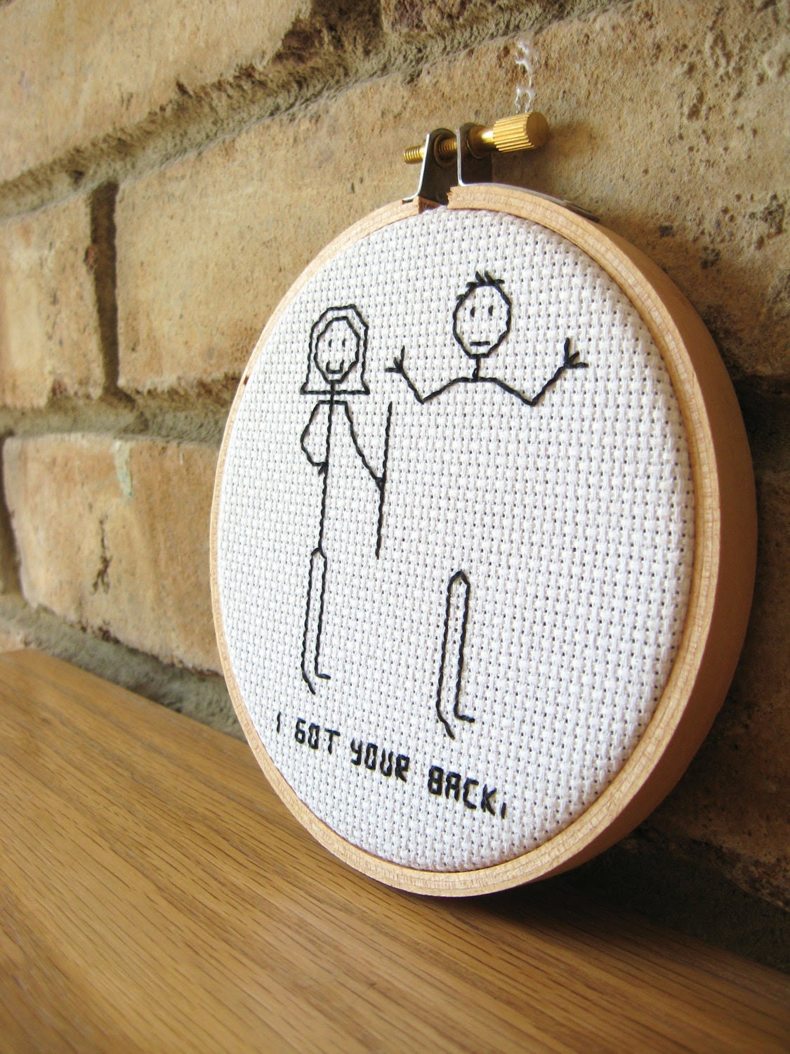 Friend Embroidery Hoop Art, "I got your back" Stick Figure Ornament