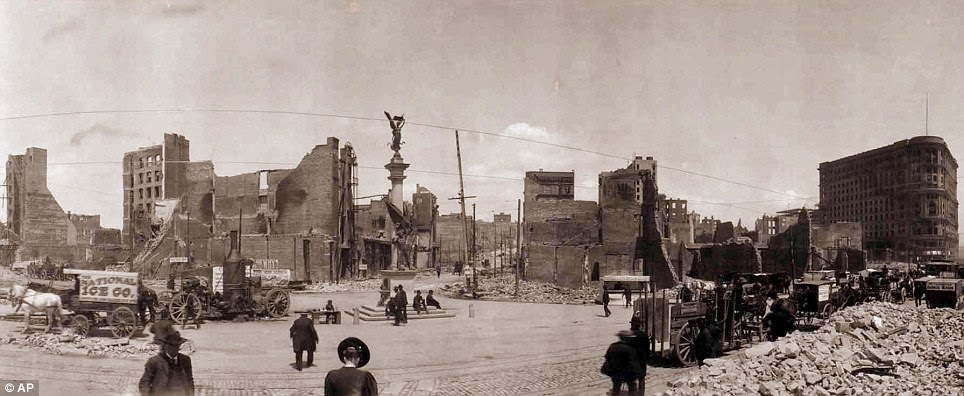 The quake caused around $9billion-worth of damage in today's money, and the extent of it can be seen in this shot of Union Square with the Victory statue in the distance