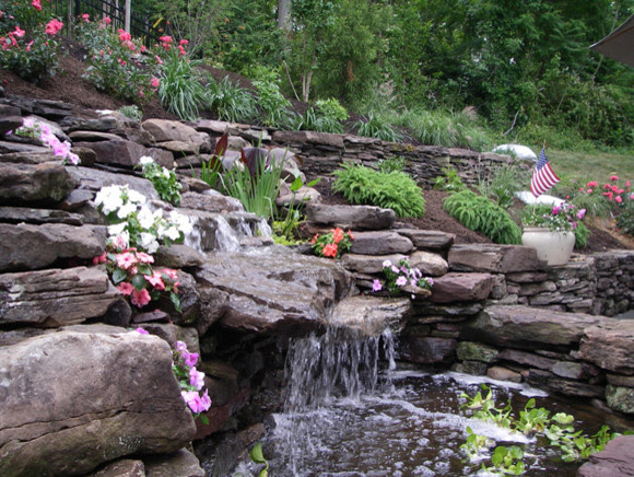 Waterfall Pond with Dry Stack Stone Wall - Contemporary ...