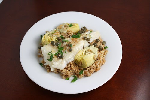 Halibut Piccatta with Artichokes on Farro