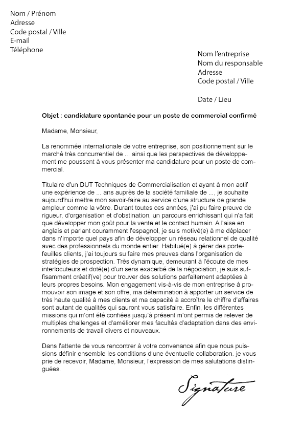 Lettre de motivation Commercial (confirmé) - Modèle de Lettre