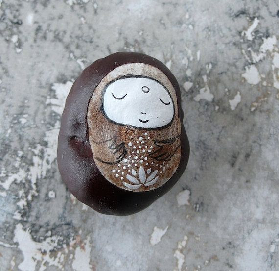 Jizo Bodhisattva with a Lotus Flower, painted on a dried Horse Chestnut (Aesculus hippocastanum)