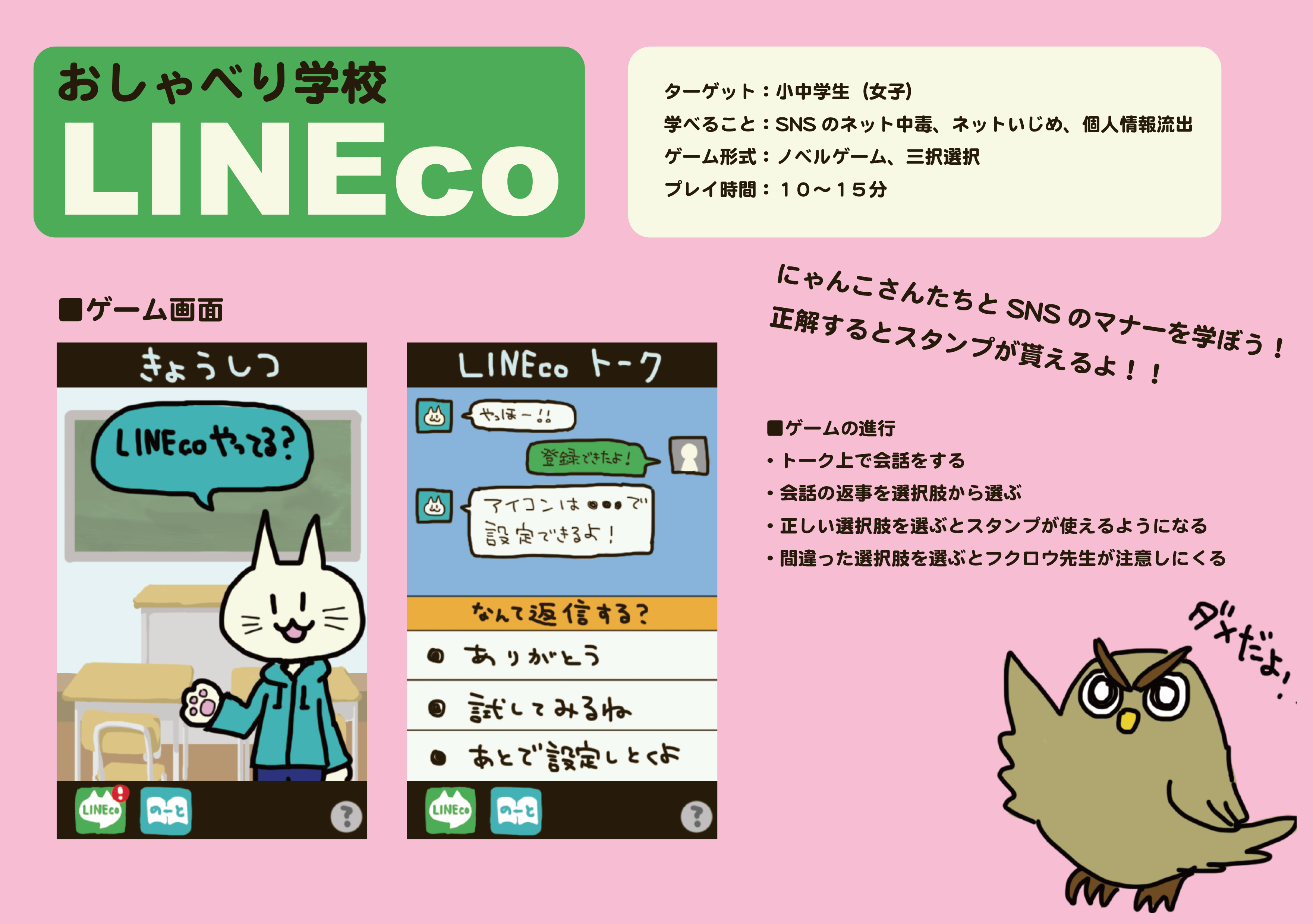 企画コンテスト 15年 2月 9日 制作する５つのゲームが決定 参加者32名 専門家5名の投票したコンテストの結果 下記の５つ企画案を制作することとしました チーム１ おしゃべり学校lineco 東京造形大学 松村紗妃 １位投票コメント 純粋