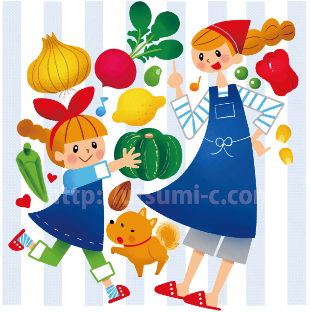 果物や野菜と親子のイラスト イラストレーターうつみちはる