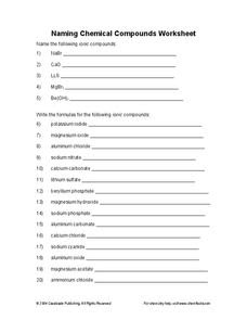 Naming Chemical Compounds Worksheet for 10th - 12th Grade ...