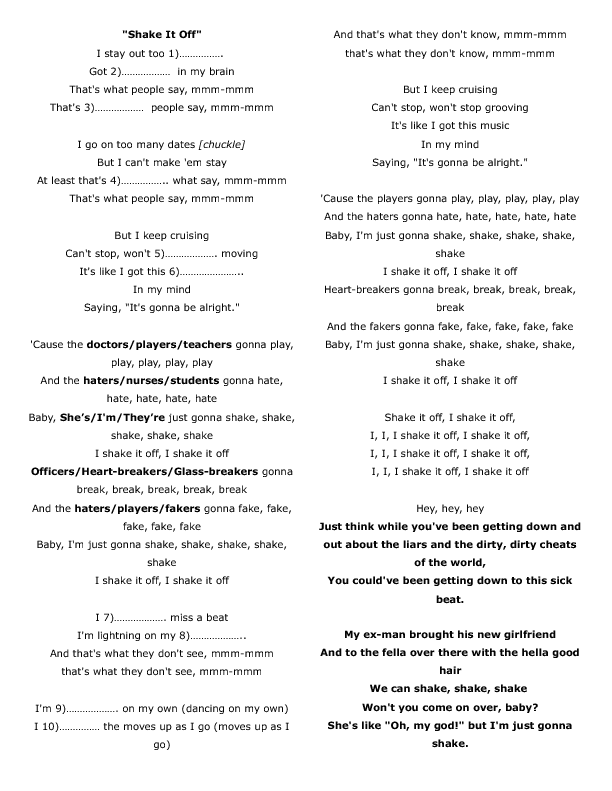 Song Worksheet: Shake It Off by Taylor Swift