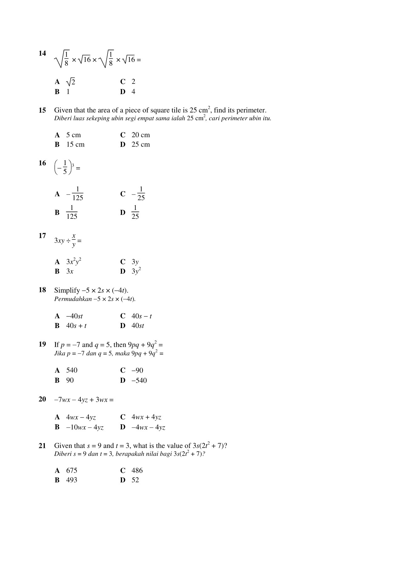 Soalan Ulangkaji Matematik Tingkatan 2 Objektif