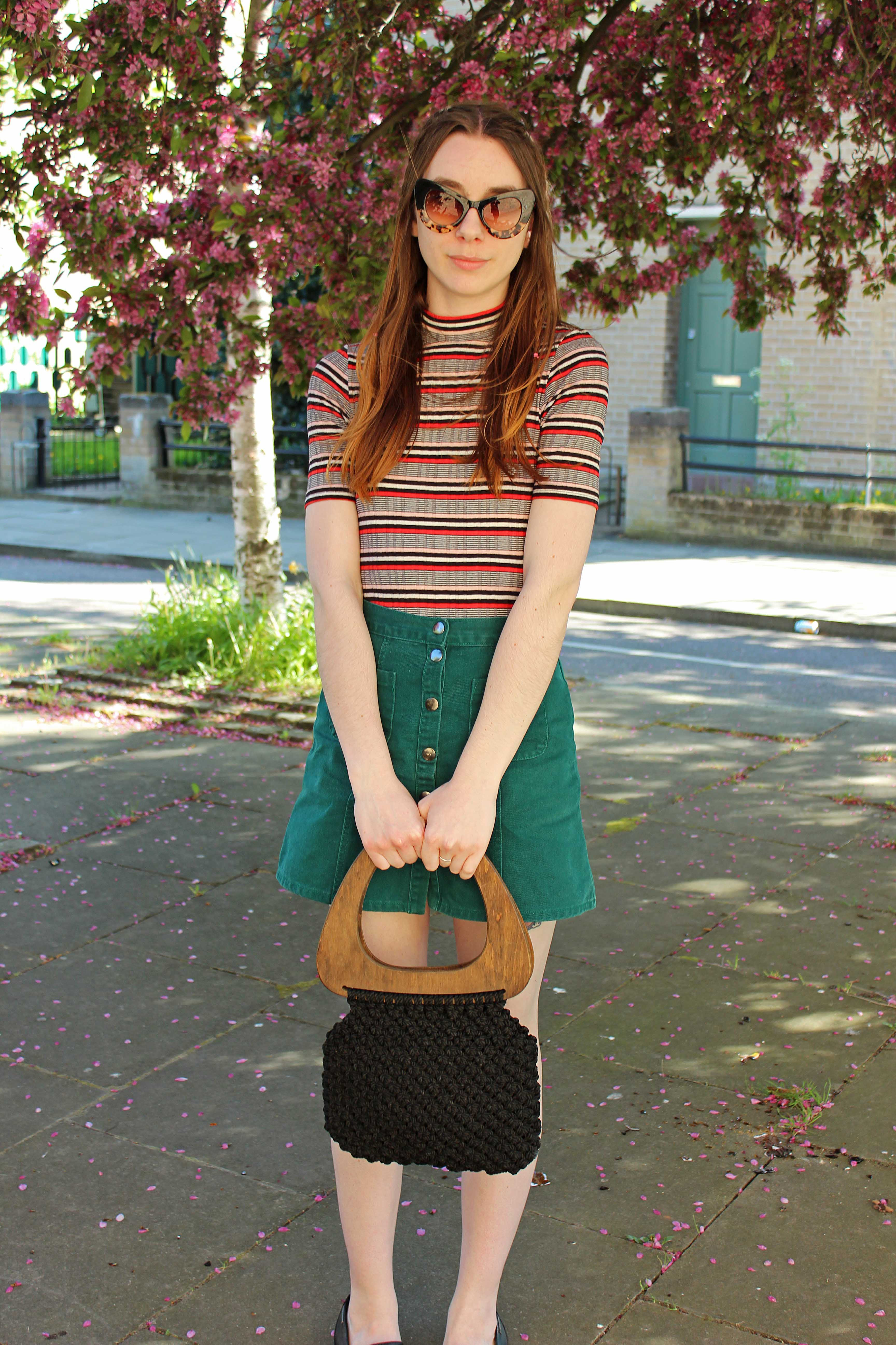 Monki striped turtleneck, green a-line skirt and a vintage bag outfit