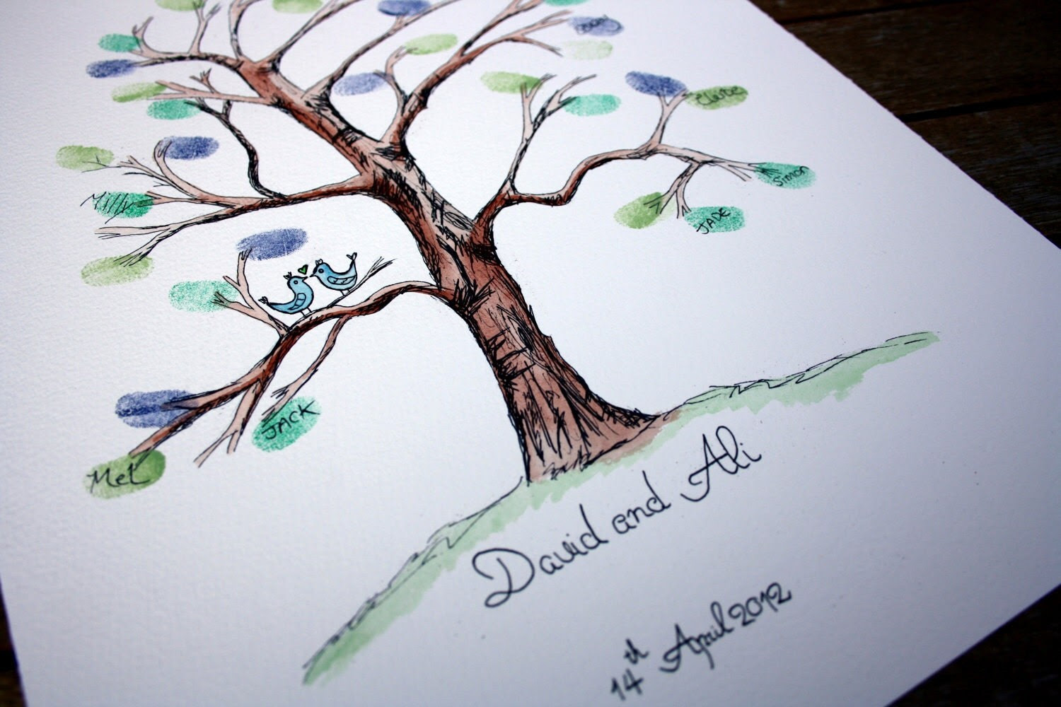WEDDING TREE: Wedding fingerprint guest book alternative - love birds, personalised hand drawn fingerprint tree
