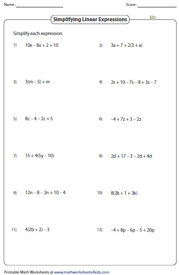 simplifying algebraic expression worksheets