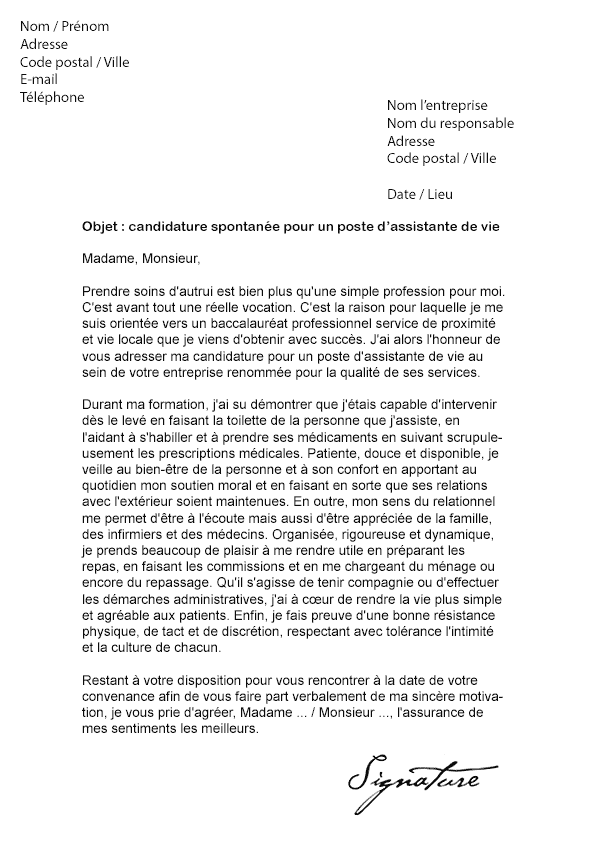 Lettre de motivation Assistante de vie - Modèle de Lettre