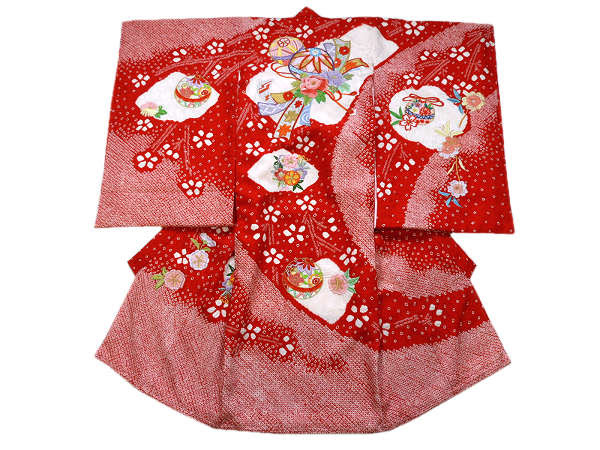 着物 送料無料 手毬 女の子 のしめ お宮参り 新生児 お祝着 赤ちゃん着物 着物美人 宮参り着物 初着 掛け着 総手絞り 刺繍 正絹 赤 手毬 R 14