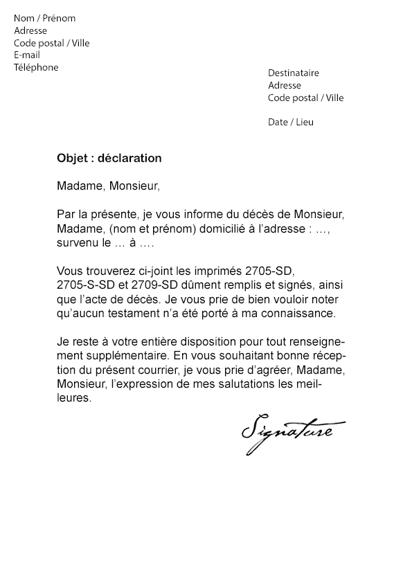 Lettre de déclaration de Succession (Impôts) - Modèle de 