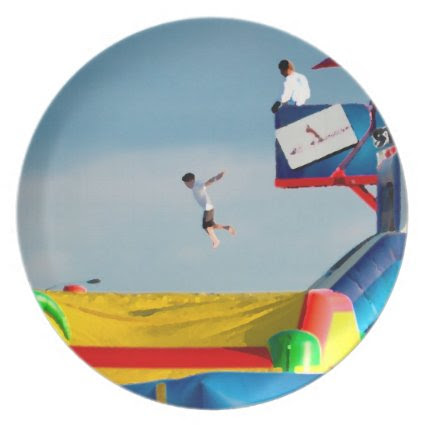 kid jumping off ride at carnival dinner plate