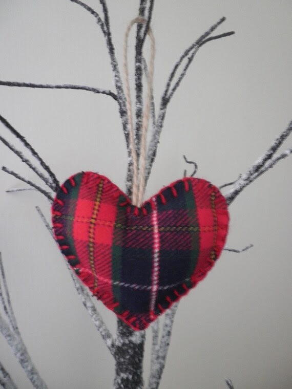 Red Tartan Handmade Wool Fabric Hanging Heart - Valentines Gift