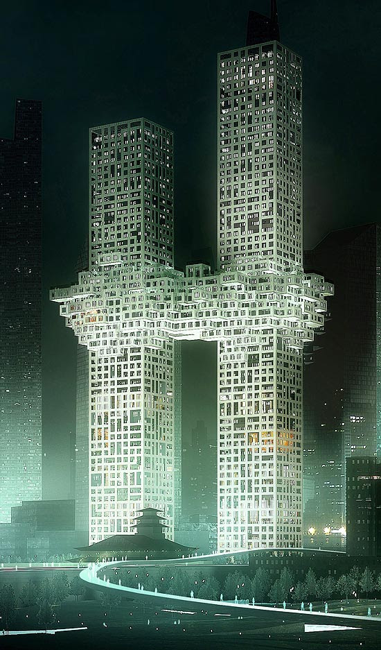 Imagem digital mostra o projeto das duas torres conectadas criado por arquitetos holandeses