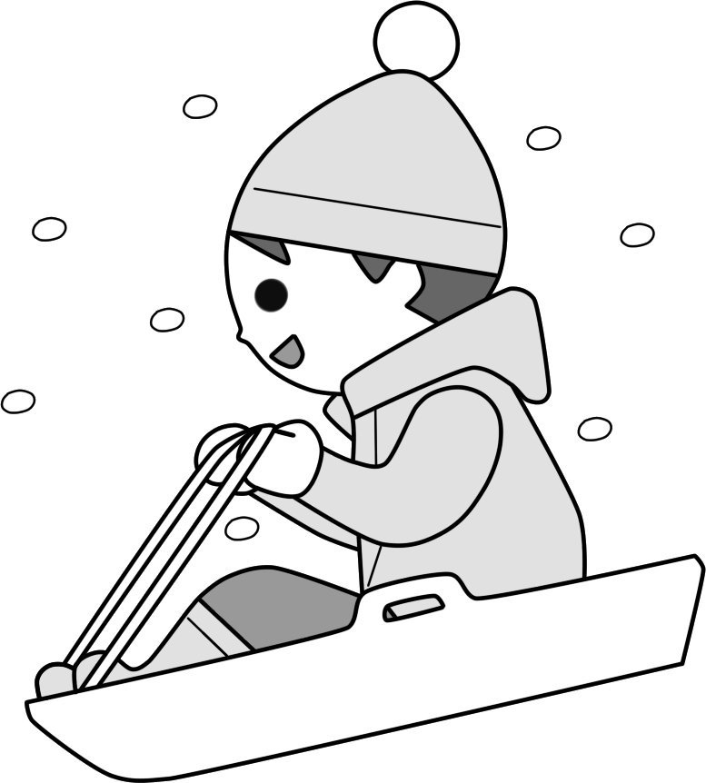 冬のソリ遊び 雪遊びの子供のイラスト 白黒印刷用 可愛い無料イラスト素材集