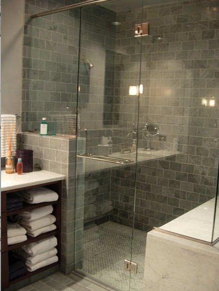 bathrooms - blue gray brown cabinets frameless glass shower blue gray subway 