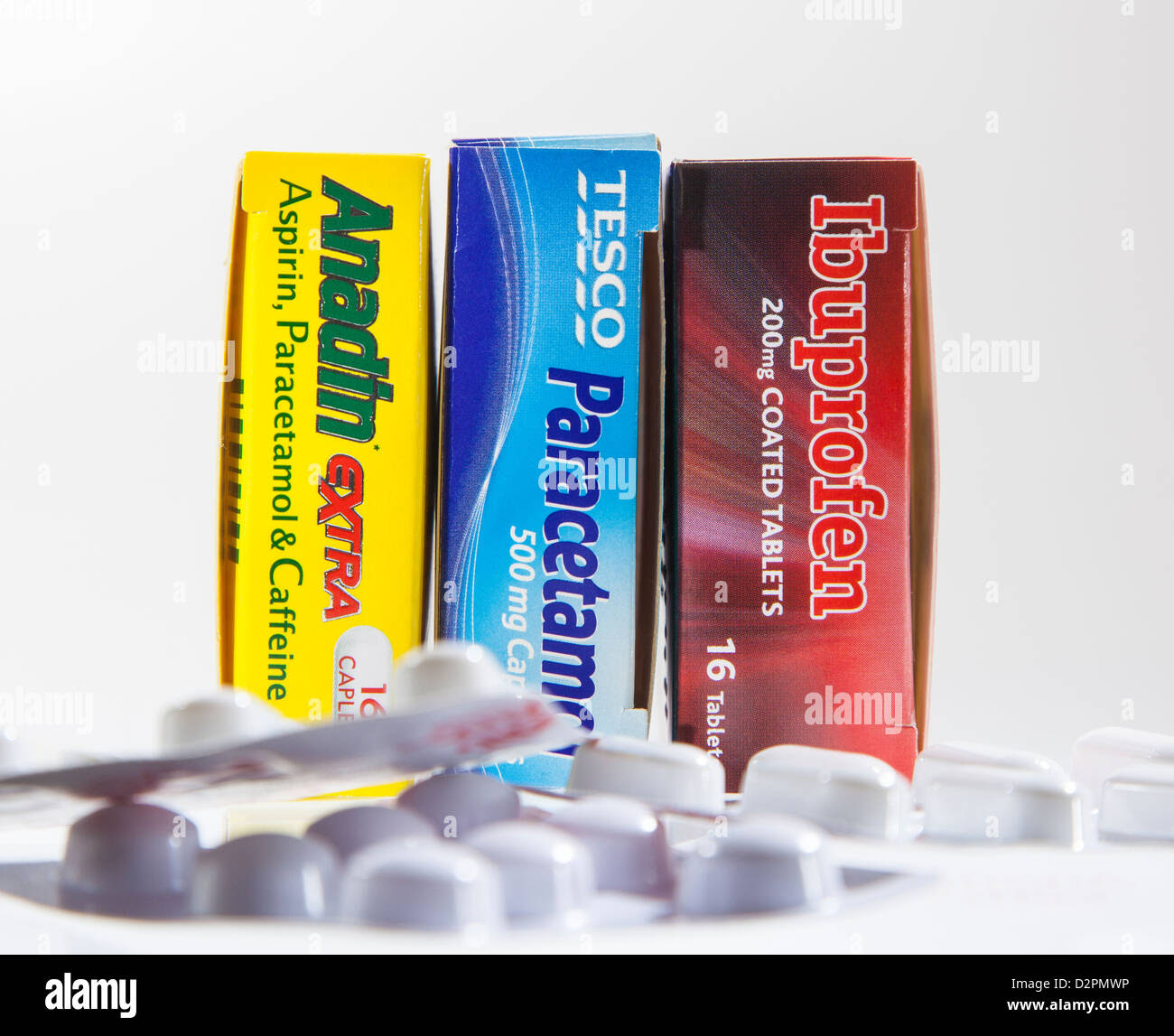 paracetamol c aspirin painkiller Three containing boxes ibuprofen, paracetamol