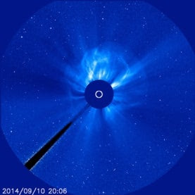 A massive solar eruption, called a coronal mass ejection, can be seen blasting out from the sun's surface after powerful X1.6-class solar flare on September 10, 2014.