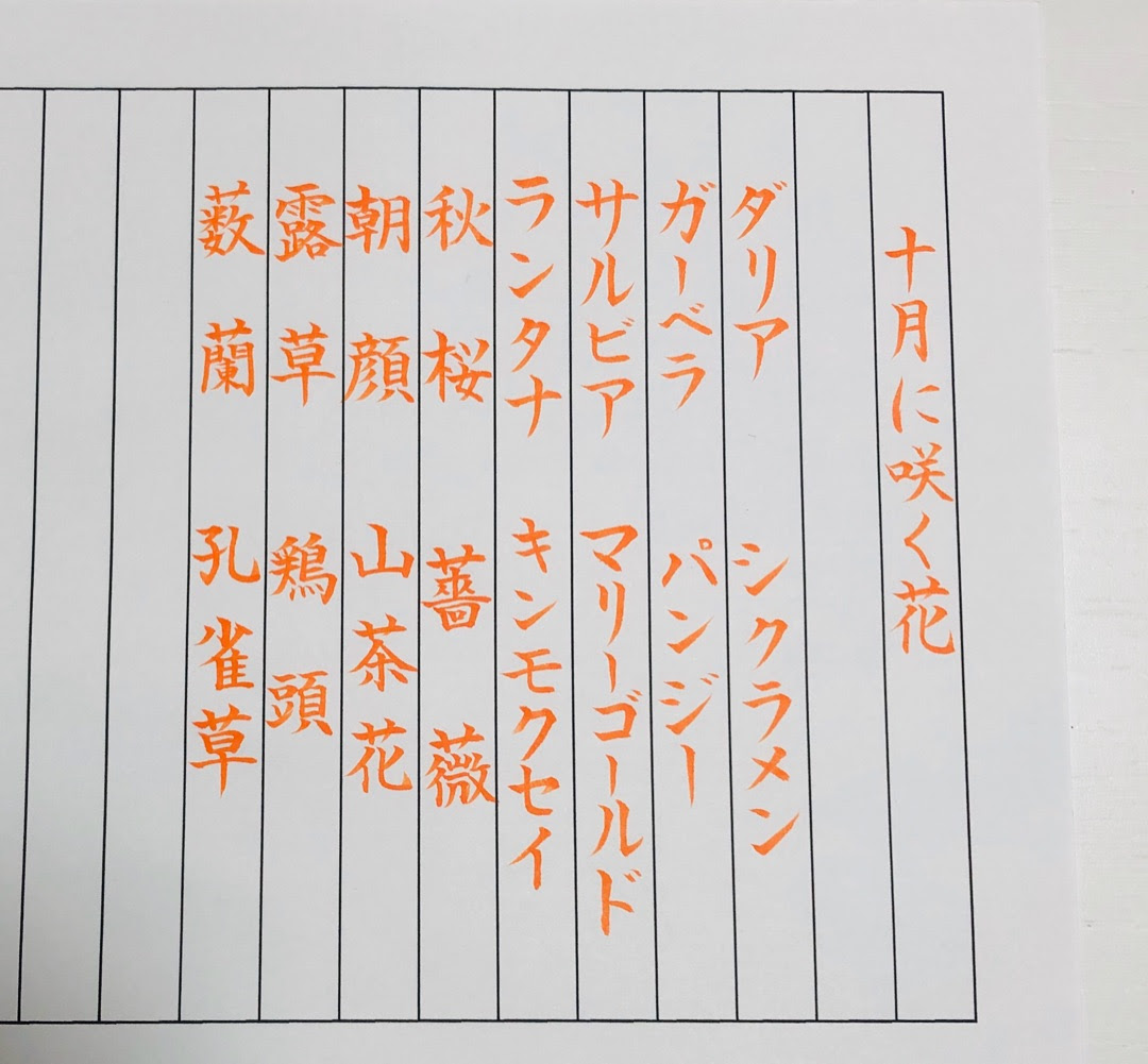 今月は 筆ペンでカタカナも練習できます 筆ペン6回コース 10月お手本 東京 銀座 ペン字 筆ペン 書道教室 美千 びせん