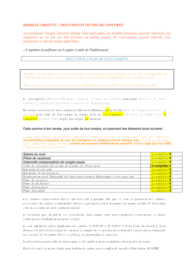 Recu Pour Solde De Tout Compte Doc Pdf Page 1 Sur 2