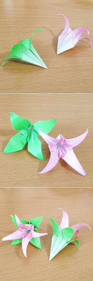 折り紙とアレンジ 簡単 ゆりの花と葉の折り方 立体的な花束の作り方 知恵の小袋