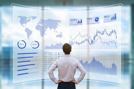 Man in Front of Heads Up Display with Metrics