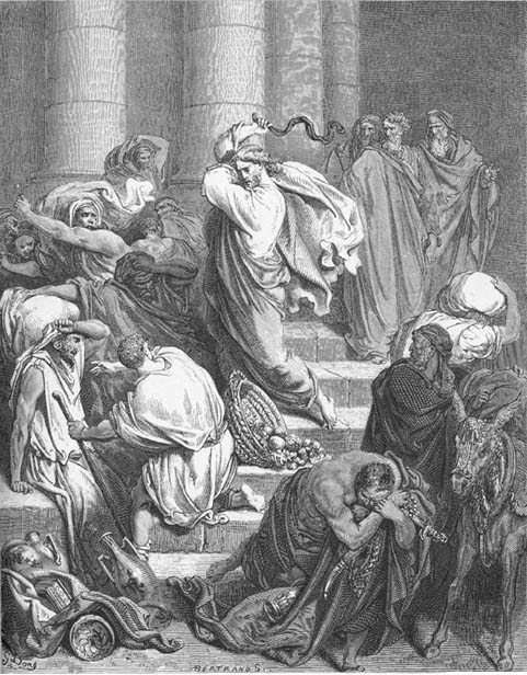 Jesus driving moneychangers & merchants from the Temple.