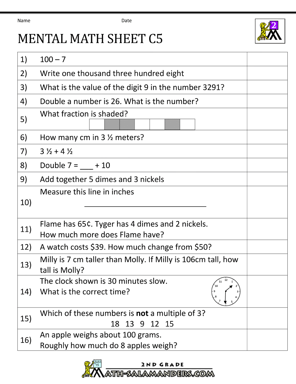 Mental Math Worksheet 2nd Grade