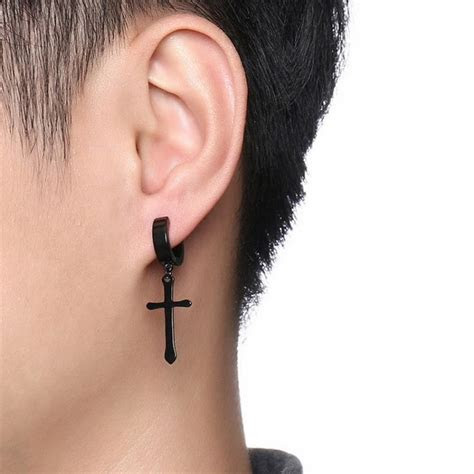 1913 stainless steel huggie hoop earrings. Rock Mens Cross Earrings Stainless Steel Dangle Earrings