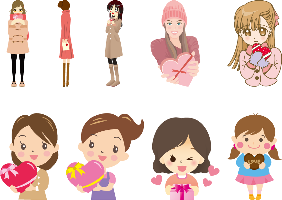 フリーイラスト 9人のバレンタインチョコを渡す女子のセットでアハ体験 Gahag 著作権フリー写真 イラスト素材集