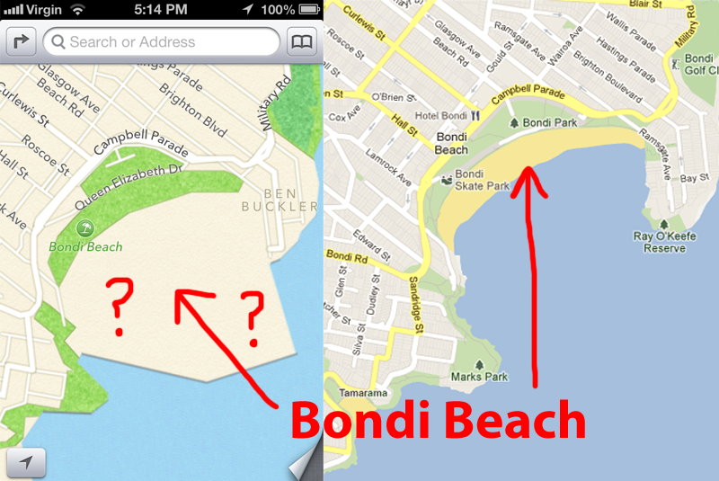 The Amazing iOS 6 Maps: Bondi Beach is now 12x larger!