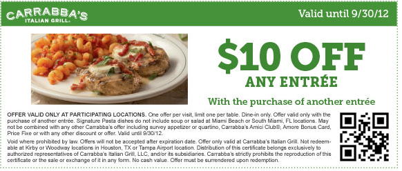 Carrabba's Coupons: $10 off any entree & more! | Living Rich ...