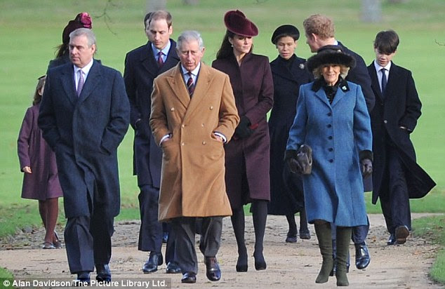 Festive tradition: Prince Charles led his family to the second service with a smiling Camilla, while Prince Harry and the Duke and Duchess of Cambridge followed close behind