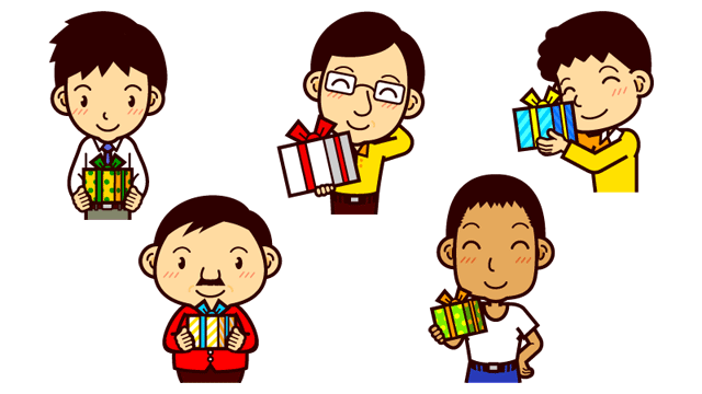 無料素材 父の日向けのプレゼントをもらって喜ぶお父さんのイラスト 個性のある5パターン